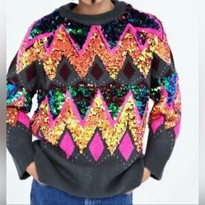Zara multicolored sequined crewneck sweater, Small, oversized, RARE